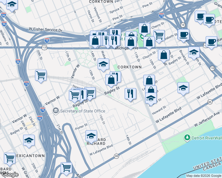 map of restaurants, bars, coffee shops, grocery stores, and more near in Detroit
