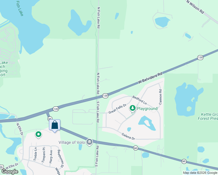 map of restaurants, bars, coffee shops, grocery stores, and more near 26222 Illinois 120 in Volo
