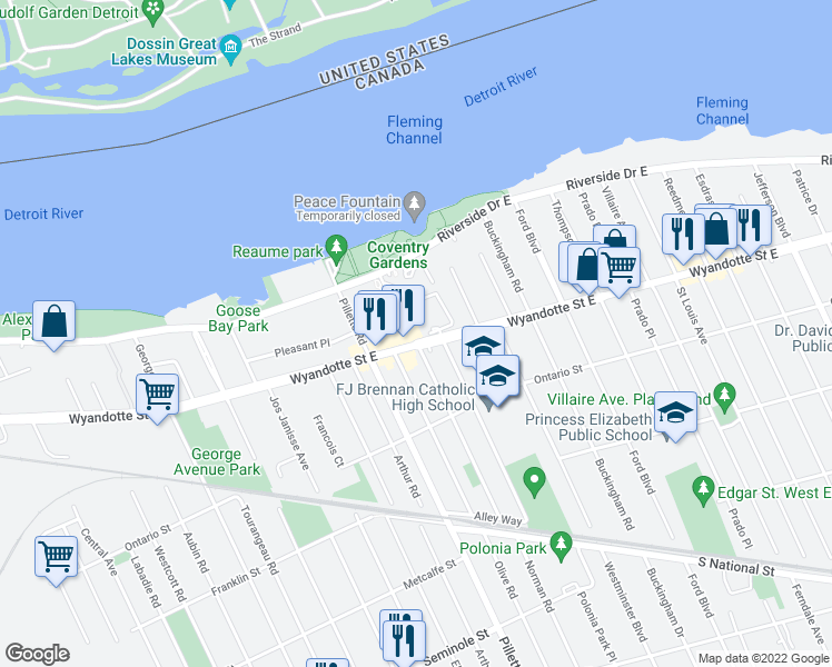 map of restaurants, bars, coffee shops, grocery stores, and more near 4900 Wyandotte Street East in Windsor