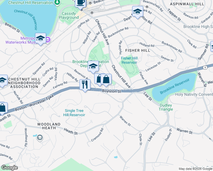 map of restaurants, bars, coffee shops, grocery stores, and more near 36 Eliot Crescent in Brookline