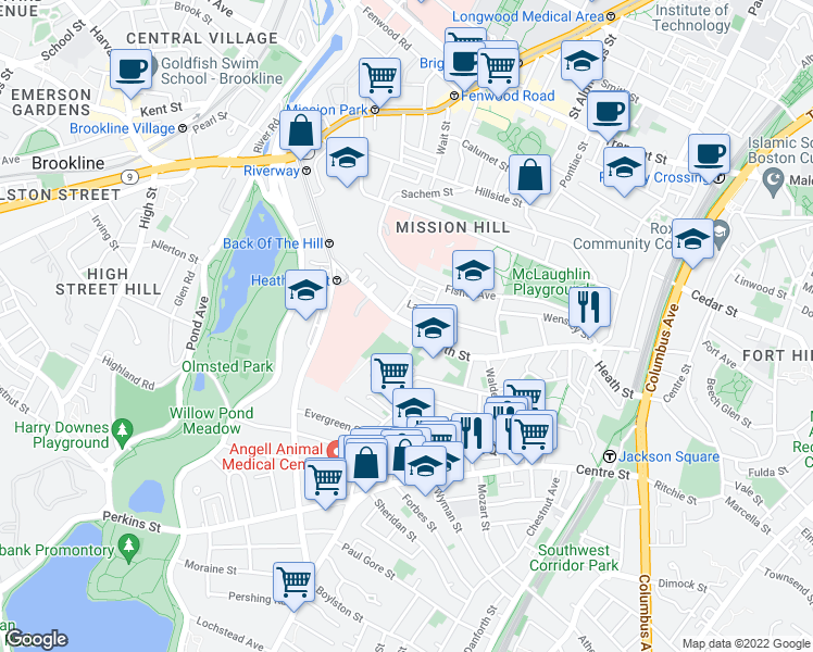 map of restaurants, bars, coffee shops, grocery stores, and more near 231 Heath Street in Boston
