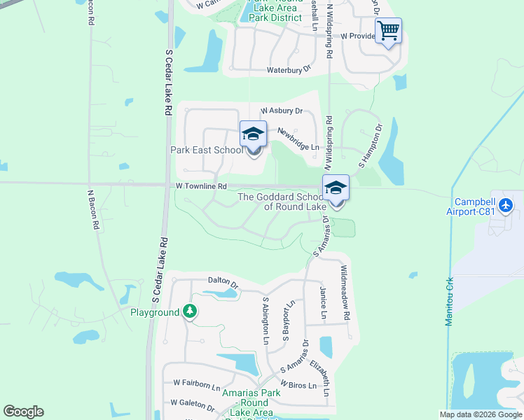 map of restaurants, bars, coffee shops, grocery stores, and more near 377 Highplains Road in Round Lake