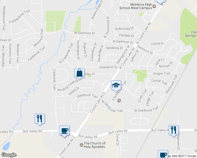 map of restaurants, bars, coffee shops, grocery stores, and more near 5112 Winding Creek Drive in McHenry