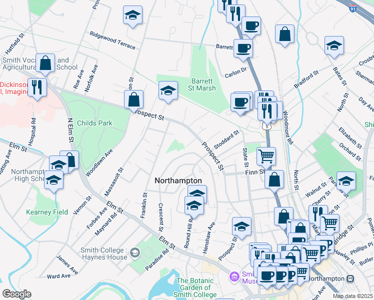 map of restaurants, bars, coffee shops, grocery stores, and more near 141 Crescent Street in Northampton