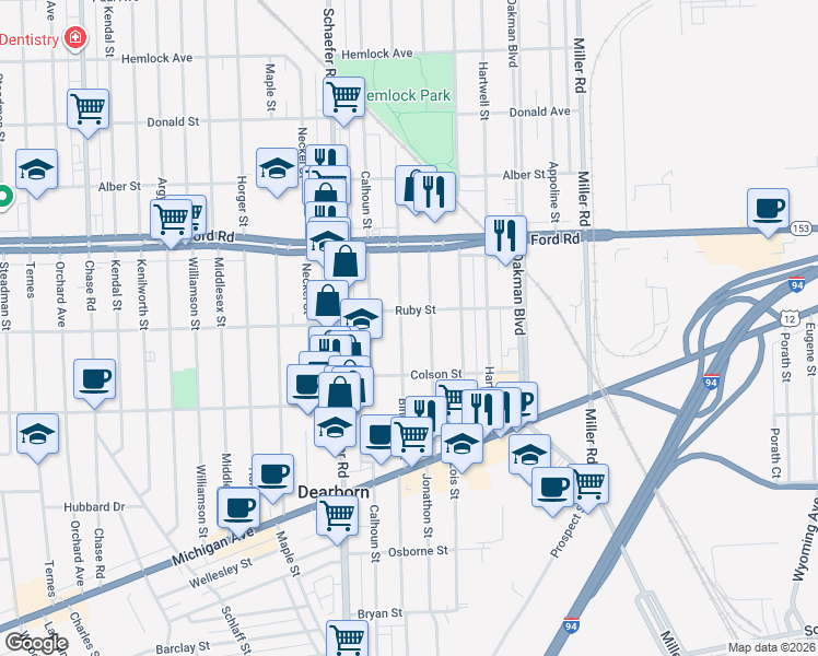 map of restaurants, bars, coffee shops, grocery stores, and more near 5294 Bingham Street in Dearborn