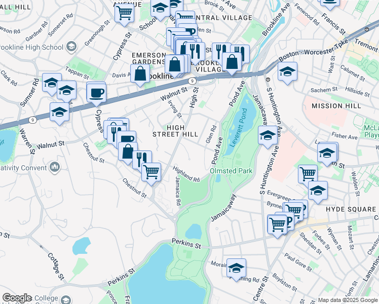 map of restaurants, bars, coffee shops, grocery stores, and more near 26 Edgehill Road in Brookline