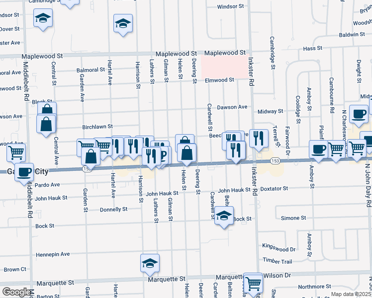 map of restaurants, bars, coffee shops, grocery stores, and more near 5674 Helen Street in Garden City