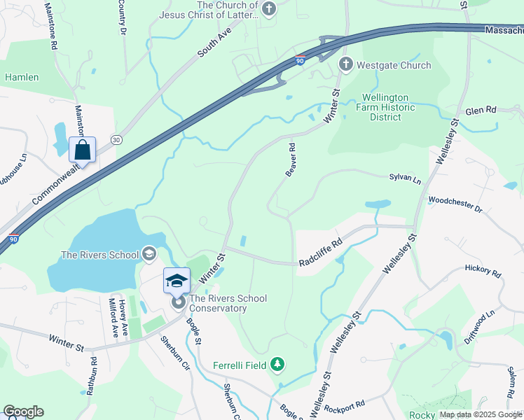 map of restaurants, bars, coffee shops, grocery stores, and more near 53 Beaver Road in Weston