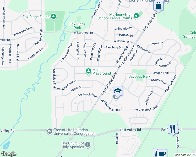map of restaurants, bars, coffee shops, grocery stores, and more near 5112 Winding Creek Drive in McHenry