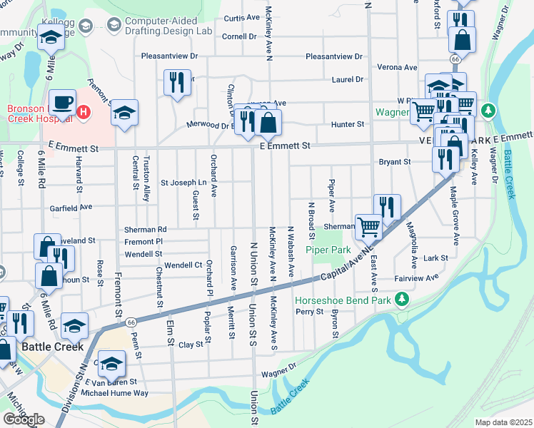 map of restaurants, bars, coffee shops, grocery stores, and more near 99 McKinley Avenue South in Battle Creek