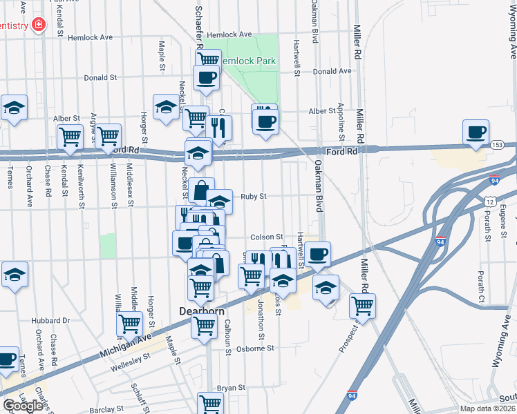 map of restaurants, bars, coffee shops, grocery stores, and more near 5294 Bingham Street in Dearborn