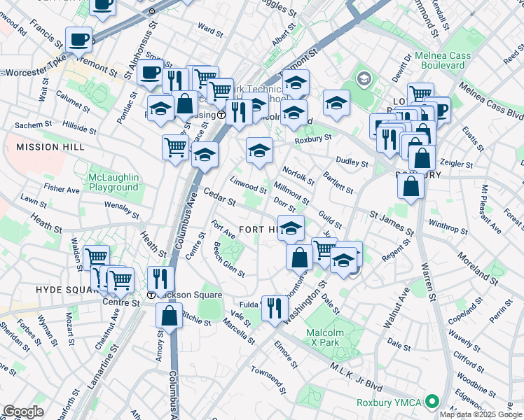 map of restaurants, bars, coffee shops, grocery stores, and more near 85 Highland Street in Boston
