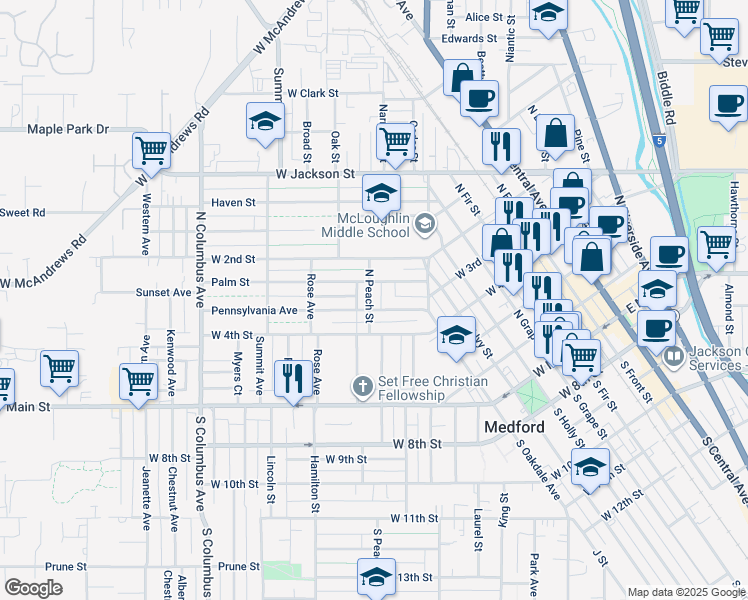 map of restaurants, bars, coffee shops, grocery stores, and more near 208 North Peach Street in Medford