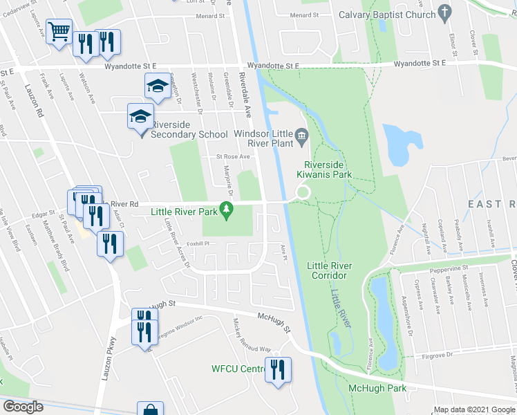 map of restaurants, bars, coffee shops, grocery stores, and more near 1178 Abbey Court in Windsor
