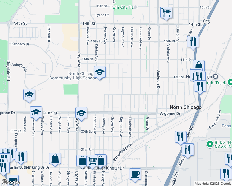 map of restaurants, bars, coffee shops, grocery stores, and more near 1745 Grove Avenue in North Chicago