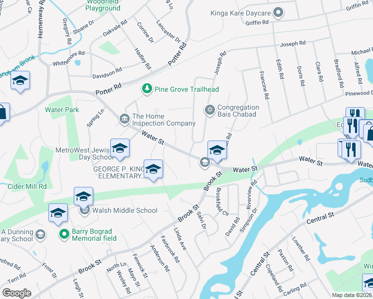 map of restaurants, bars, coffee shops, grocery stores, and more near 403 Water Street in Framingham