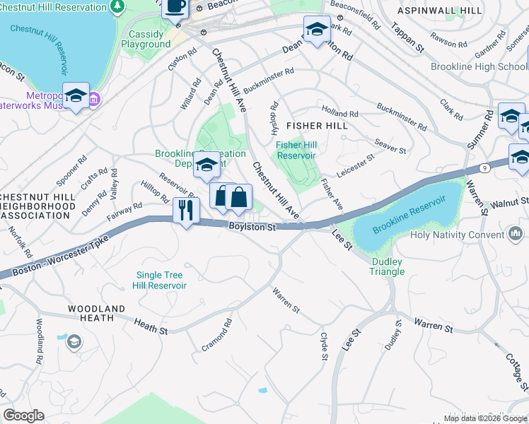 map of restaurants, bars, coffee shops, grocery stores, and more near 30 Eliot Street in Brookline