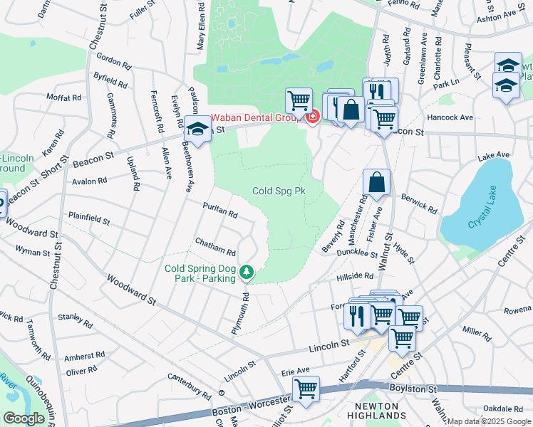 map of restaurants, bars, coffee shops, grocery stores, and more near Lifecourse Trail in Newton