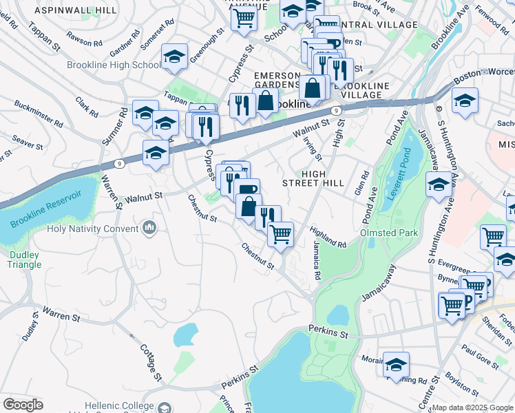 map of restaurants, bars, coffee shops, grocery stores, and more near 23 Roberts Street in Brookline