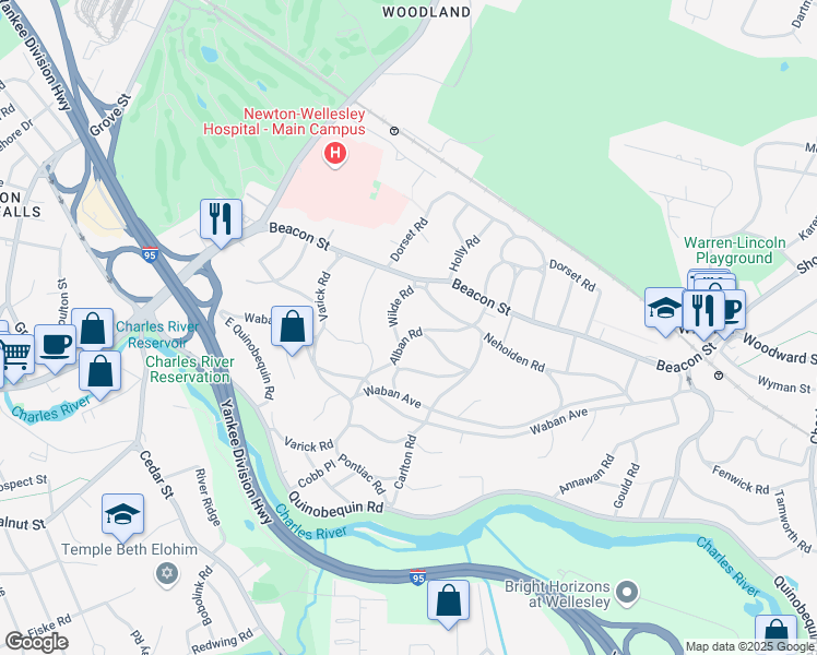map of restaurants, bars, coffee shops, grocery stores, and more near 55 Alban Road in Newton