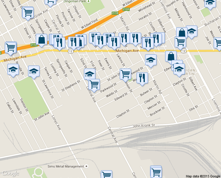 map of restaurants, bars, coffee shops, grocery stores, and more near 7321 Parkwood St in Detroit