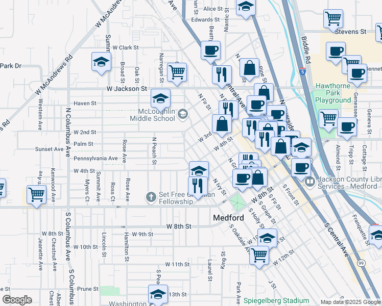 map of restaurants, bars, coffee shops, grocery stores, and more near 335 North Ivy Street in Medford
