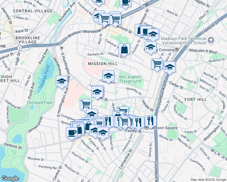 map of restaurants, bars, coffee shops, grocery stores, and more near 6 Bucknam Street in Boston
