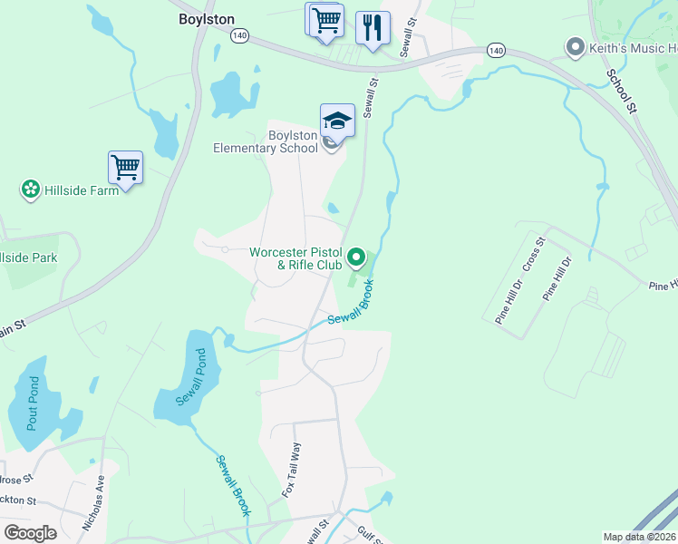 map of restaurants, bars, coffee shops, grocery stores, and more near 261 Sewall Street in Boylston