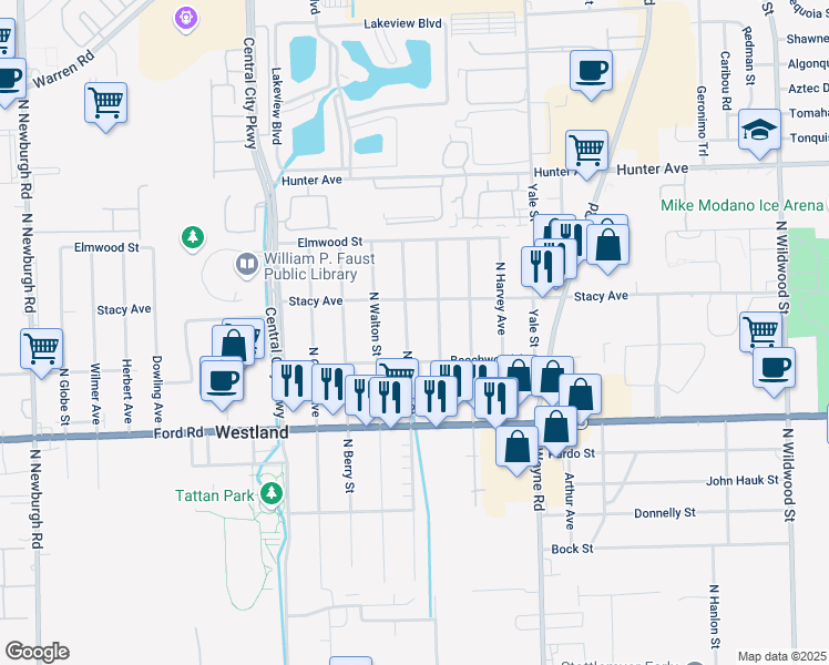 map of restaurants, bars, coffee shops, grocery stores, and more near 5868 North Linville Street in Westland