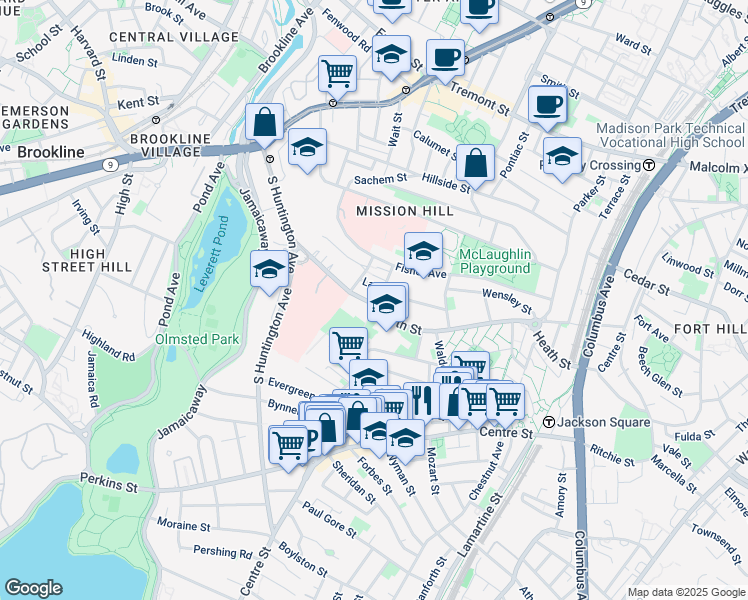 map of restaurants, bars, coffee shops, grocery stores, and more near 227 Heath Street in Boston