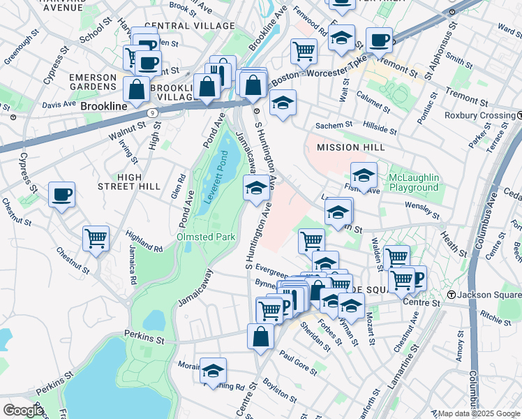 map of restaurants, bars, coffee shops, grocery stores, and more near 161 South Huntington Avenue in Boston