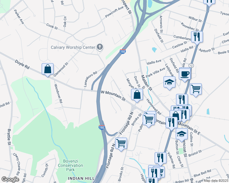 map of restaurants, bars, coffee shops, grocery stores, and more near 43 Mountainshire Drive in Worcester
