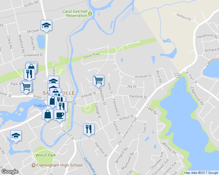 map of restaurants, bars, coffee shops, grocery stores, and more near 10 Derby Street in Framingham