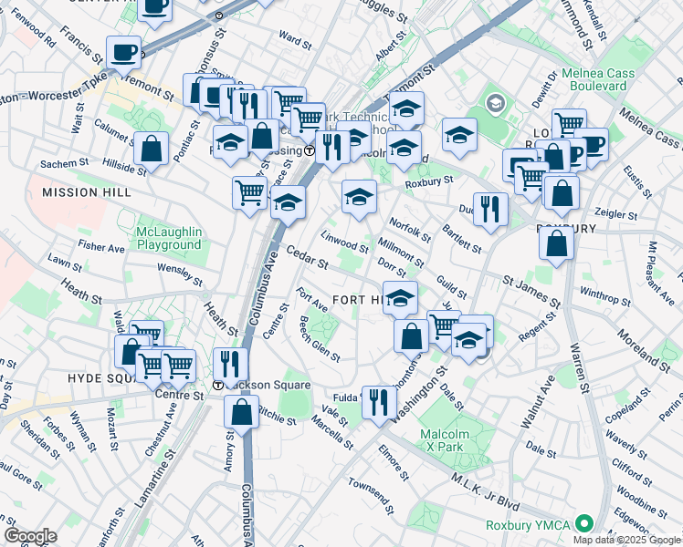 map of restaurants, bars, coffee shops, grocery stores, and more near 126 Cedar Street in Boston