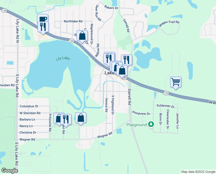 map of restaurants, bars, coffee shops, grocery stores, and more near 208 Venice Road in Lakemoor
