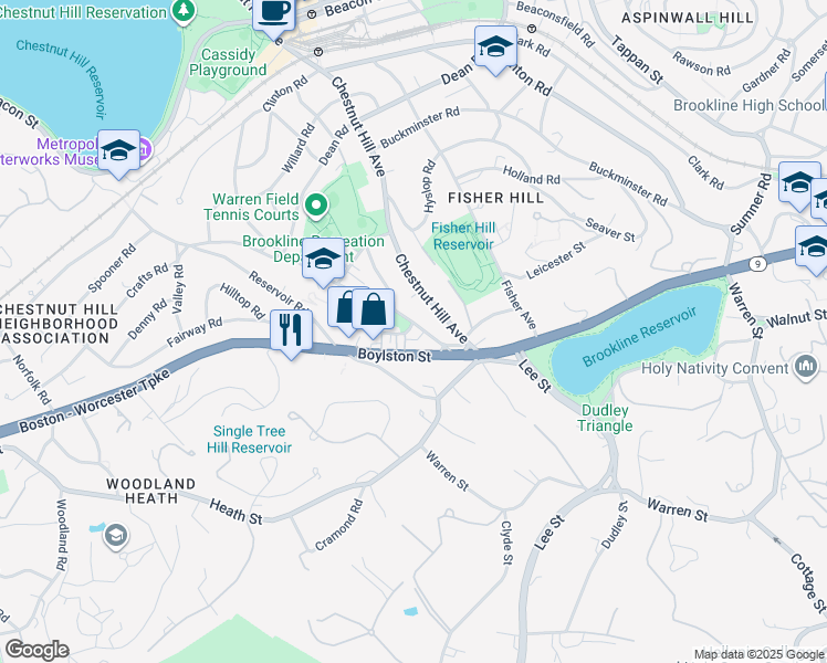 map of restaurants, bars, coffee shops, grocery stores, and more near 30 Eliot Street in Brookline