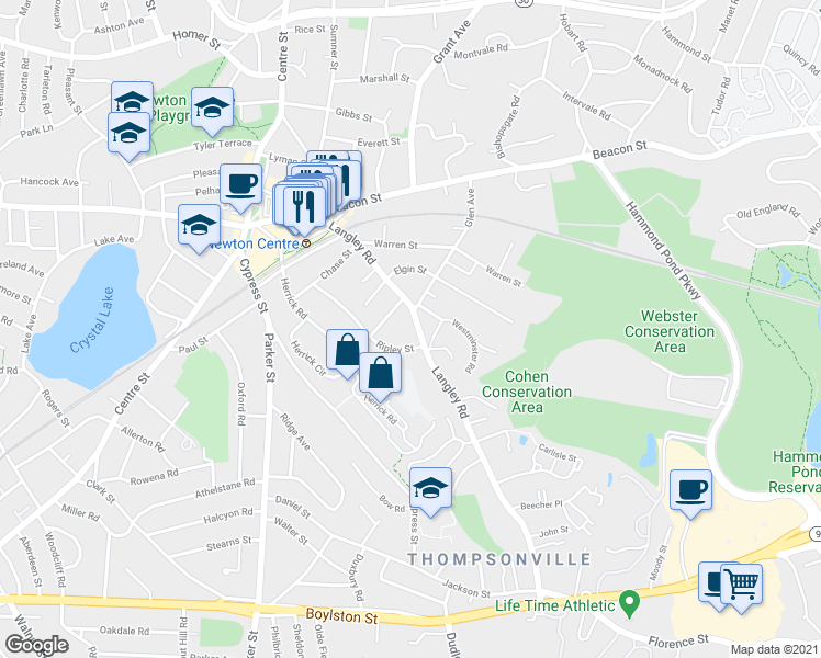 map of restaurants, bars, coffee shops, grocery stores, and more near 177 Langley Road in Newton