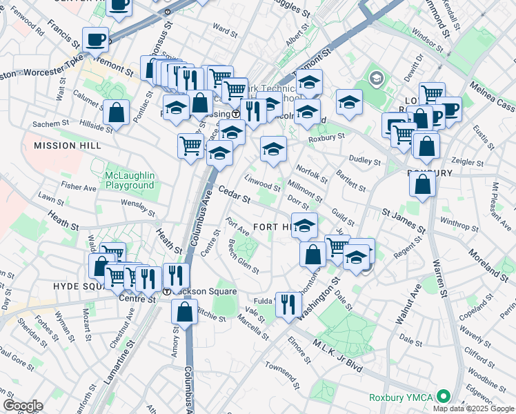 map of restaurants, bars, coffee shops, grocery stores, and more near 126 Cedar Street in Boston
