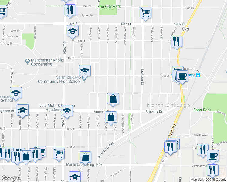 map of restaurants, bars, coffee shops, grocery stores, and more near 1746 Elizabeth Avenue in North Chicago