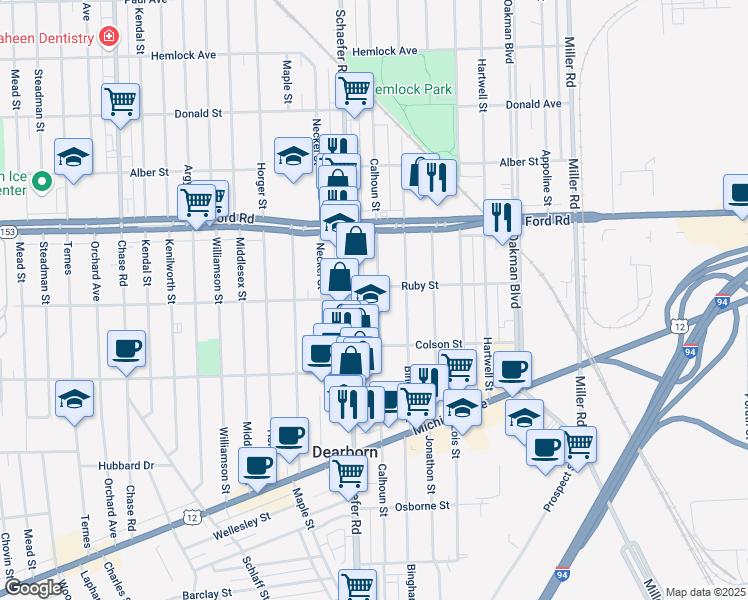 map of restaurants, bars, coffee shops, grocery stores, and more near 5301 Calhoun Street in Dearborn