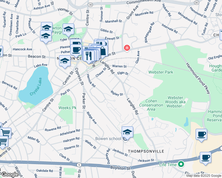 map of restaurants, bars, coffee shops, grocery stores, and more near 37 Knowles Street in Newton
