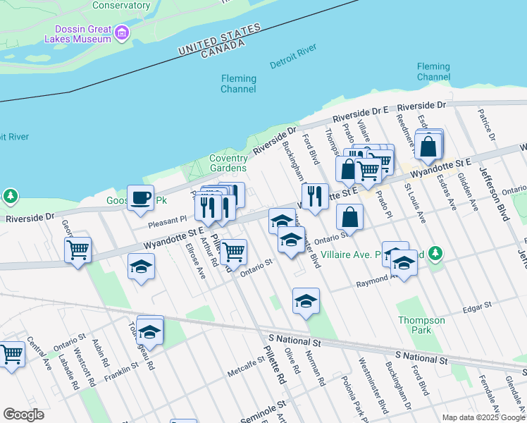 map of restaurants, bars, coffee shops, grocery stores, and more near 418 Wyandotte Street East in Windsor
