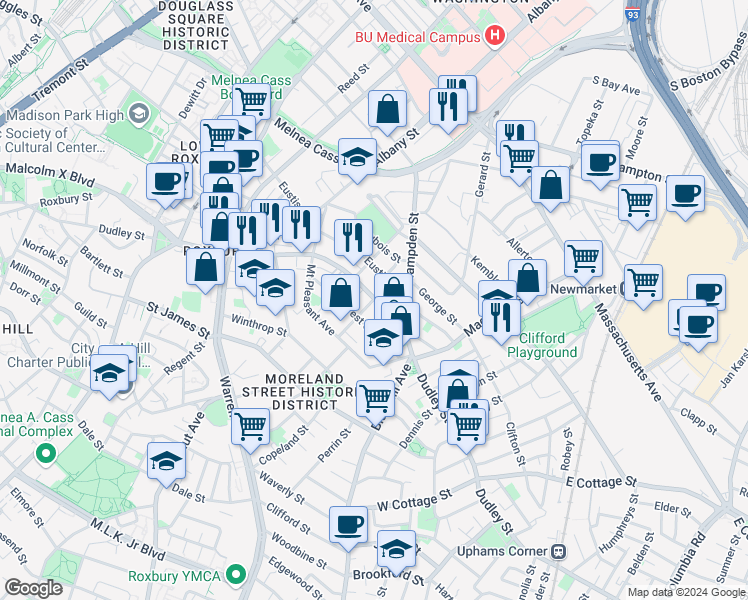 map of restaurants, bars, coffee shops, grocery stores, and more near 339 Dudley Street in Boston