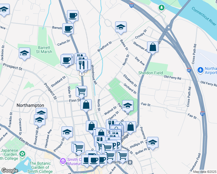 map of restaurants, bars, coffee shops, grocery stores, and more near 117 North Street in Northampton
