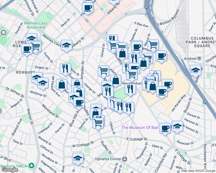 map of restaurants, bars, coffee shops, grocery stores, and more near 124 Norfolk Avenue in Boston