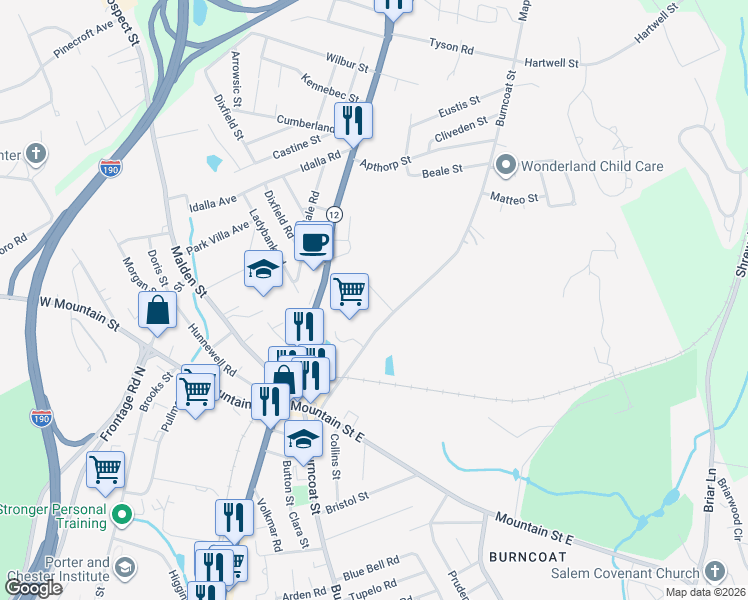 map of restaurants, bars, coffee shops, grocery stores, and more near 7 Burncoat Heights in Worcester