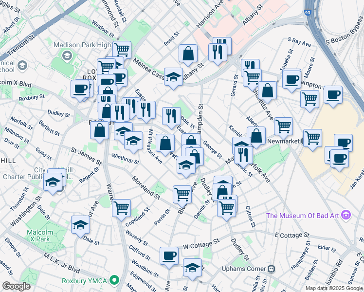 map of restaurants, bars, coffee shops, grocery stores, and more near 350 Dudley Street in Boston