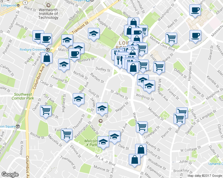 map of restaurants, bars, coffee shops, grocery stores, and more near 65 Saint James Street in Boston