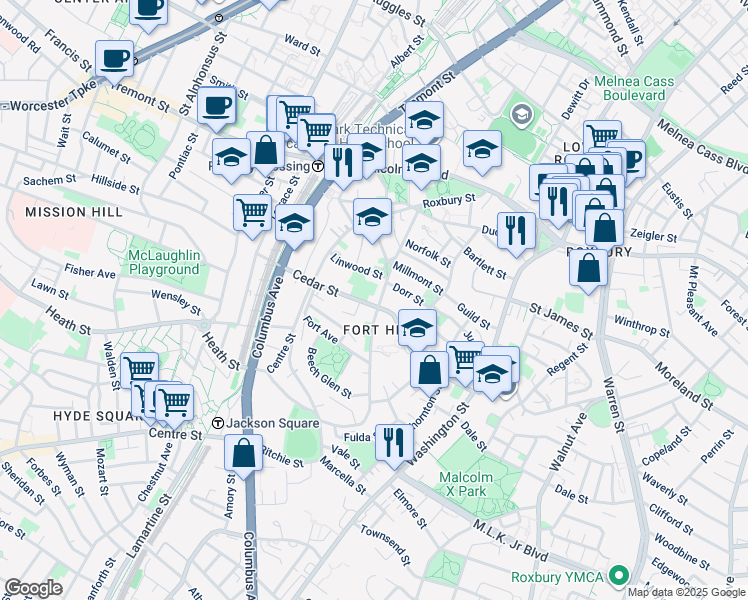 map of restaurants, bars, coffee shops, grocery stores, and more near 91 Cedar Street in Boston
