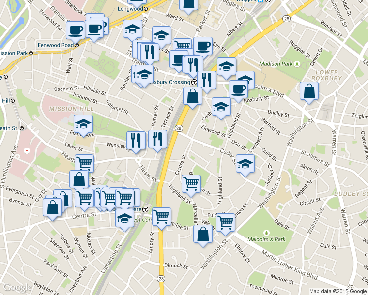 map of restaurants, bars, coffee shops, grocery stores, and more near in Boston